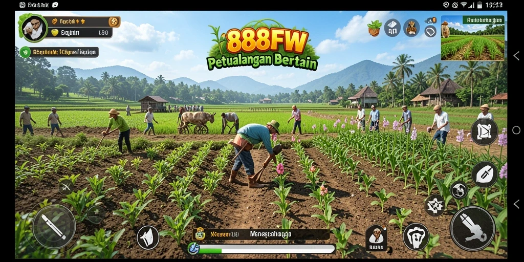 Tangkapan layar menunjukkan gameplay seru dari 888FW dengan petani yang beraktivitas di ladang.