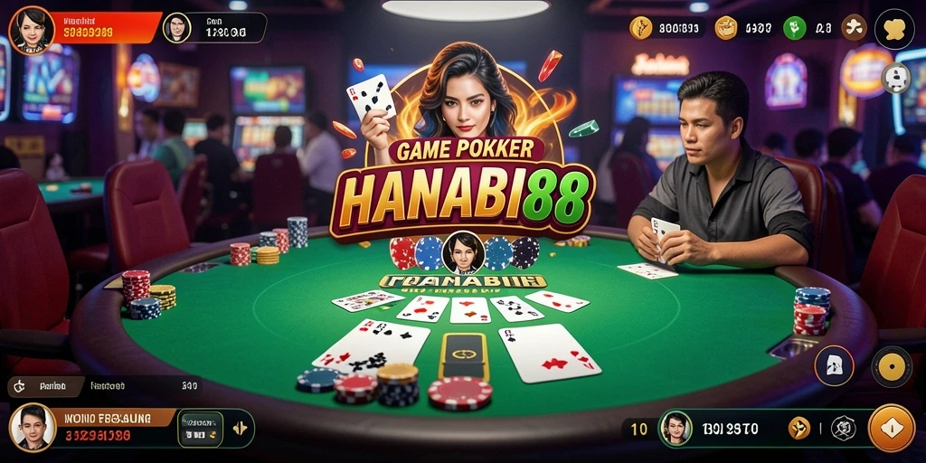 Screenshot gameplay HANABI88 dengan aksi poker seru di meja.