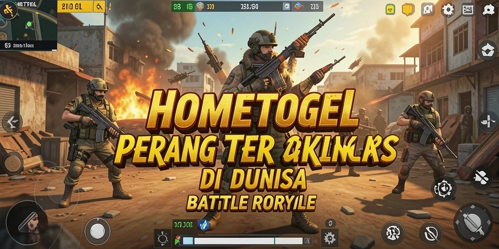Screenshot gameplay HOMETOGEL menunjukkan pertempuran intens di arena Battle Royale.