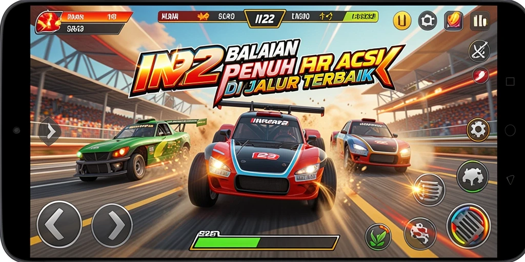 Screenshot IN22 menunjukkan aksi balapan yang mendebarkan dan intens.