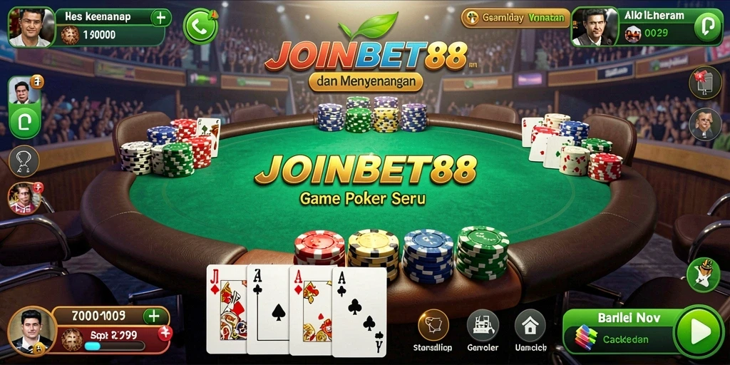 Screenshot utama JOINBET88 menampilkan aksi poker yang intens dan seru.