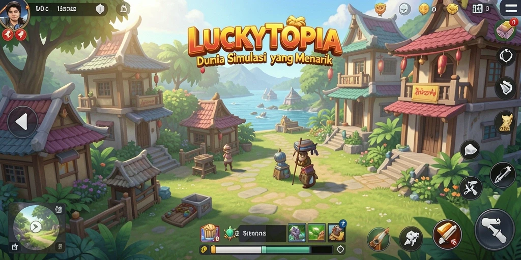 Screenshot permainan <strong>LUCKYTOPIA</strong> menampilkan pemain membangun kota simulasi yang seru.