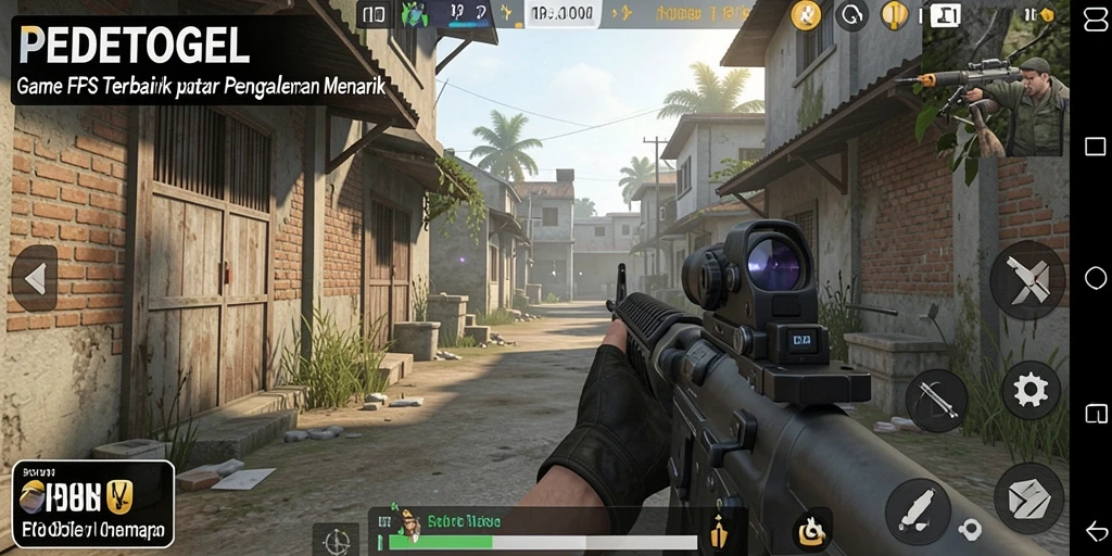 Screenshot PEDETOGEL yang menampilkan aksi pertempuran FPS yang intens.