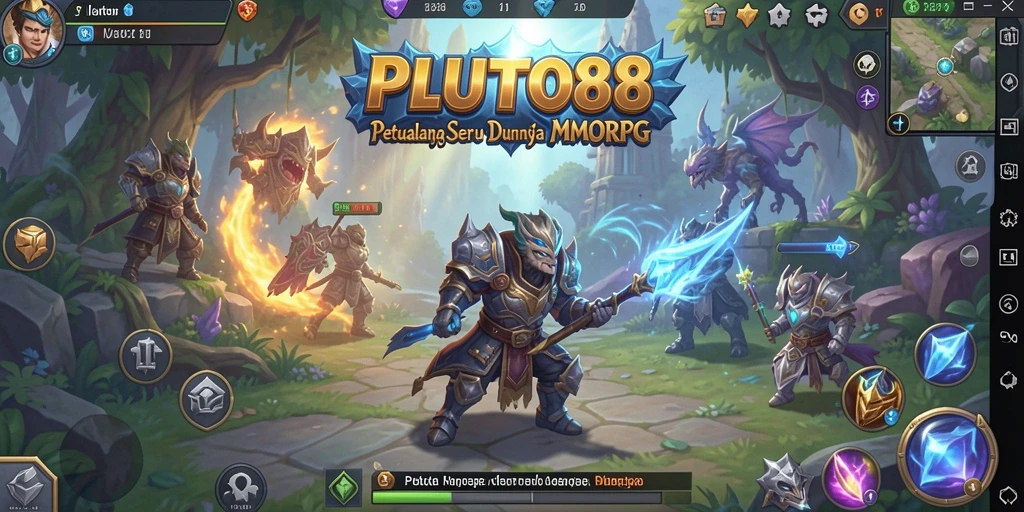 Screenshot utama dari PLUTO88 menunjukkan aksi gameplay MMORPG yang seru dan interaktif.