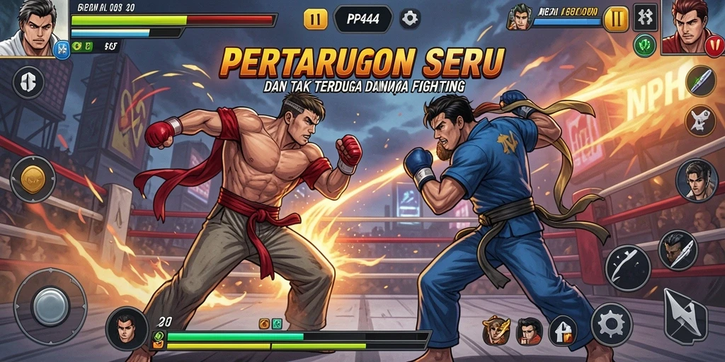 Tampilan gameplay PP444 dengan karakter Fighting yang penuh aksi.