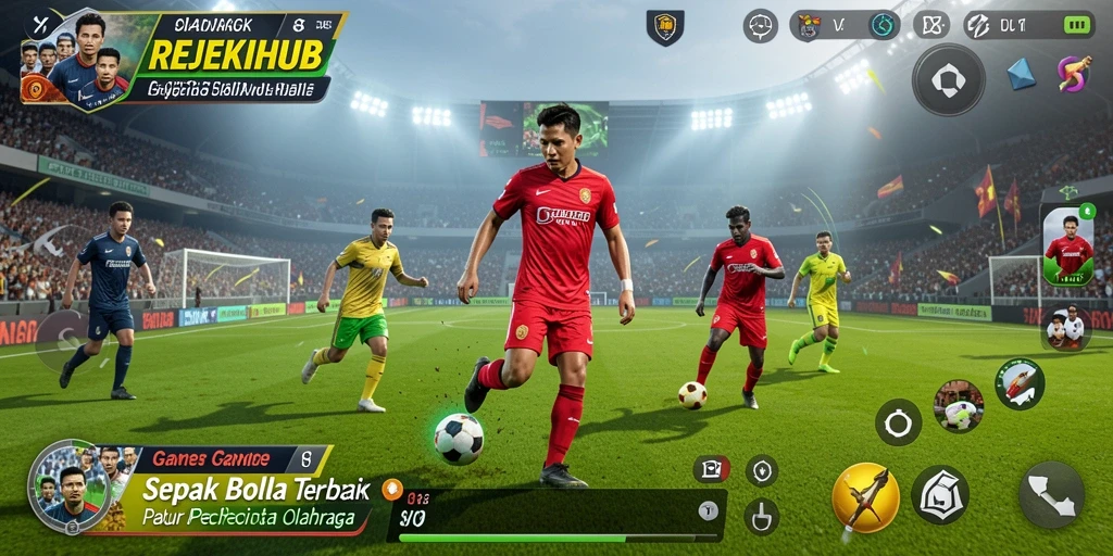 Tangkapan layar gameplay epik REJEKIHUB menampilkan pertarungan sengit di lapangan sepak bola.